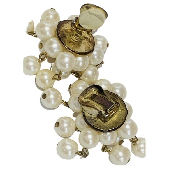 White Pearl Cluster Dangle Clip-On Statement Earrings 2" Wedding Jewelry - Picture 3 of 8